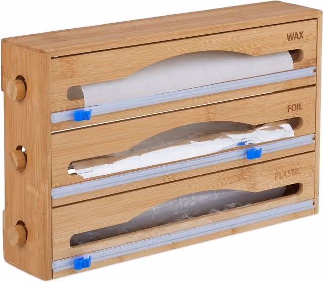Dispensador de film de cocina 3 en 1 con cortador de relaxdays, para pared o cajón, de bambú y plástico, color beige, An/P/Al: 39 x 23,5 x 9 cm
