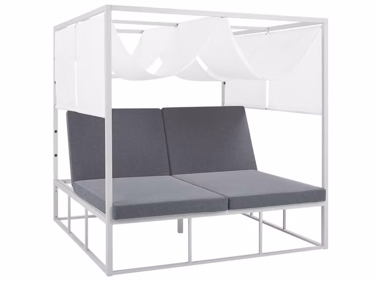 Cama de exterior Beliani en aluminio blanco con dosel solar y reposacabezas ajustable