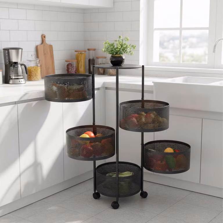 Carrito de cocina y baño Northix de metal con estantes giratorios y ruedas en color negro mate de estilo moderno