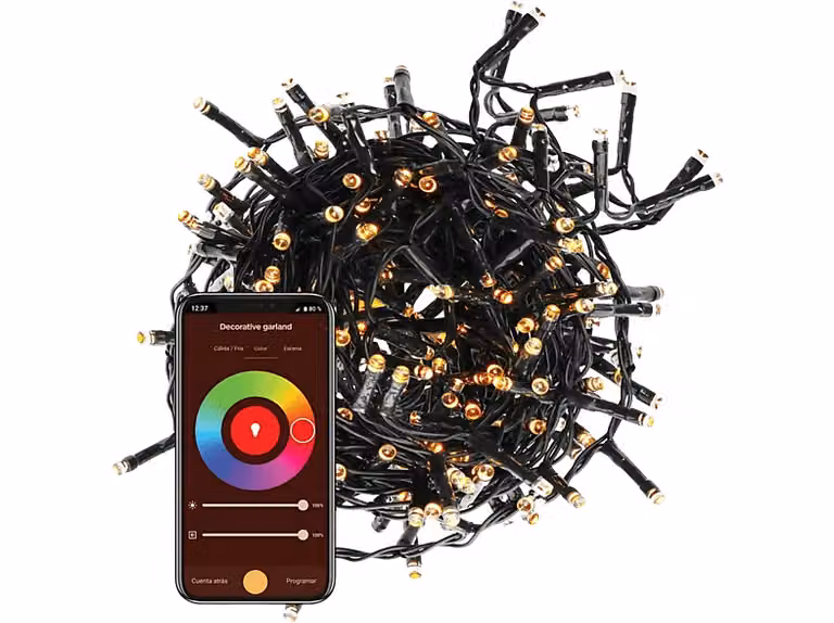 Guirnalda decorativa LED Muvit iO WiFi RGB+CCT con 200 luces y 20 m de longitud, compatible con Alexa, Google Assistant y Apple HomeKit, multicolor y regulable