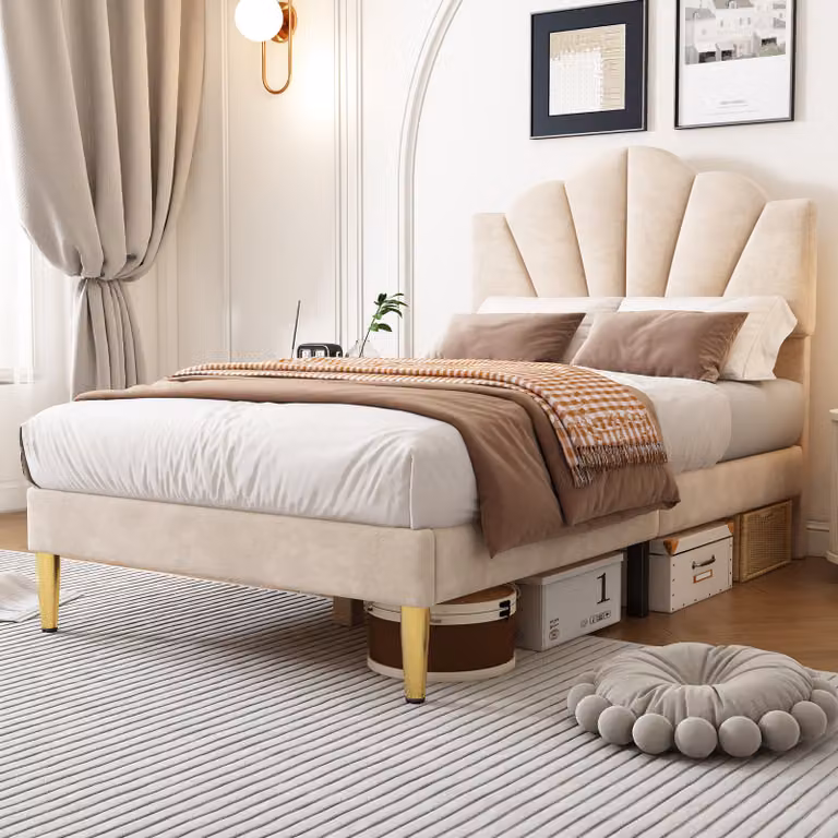 Cama individual Flieks tapizada en terciopelo beige con cabecero de concha y somier, diseño clásico para niños, An/P/Al: 90 x 200 x 130 cm