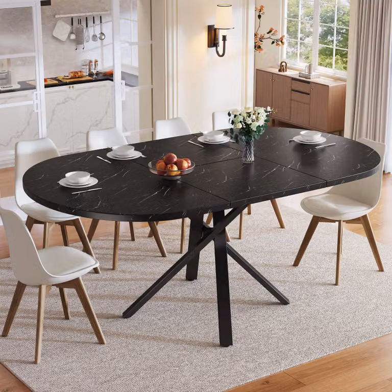 Mesa extensible redonda STILVORA con acabado efecto mármol y estructura metálica en X color negro para cocina o comedor de 100 a 140 cm