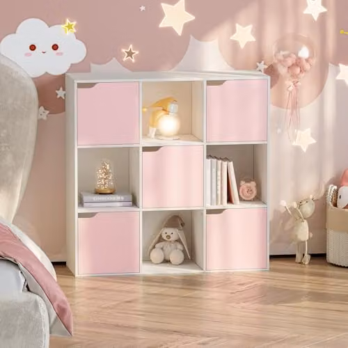 Estantería de cubos infantil Ljunshund de en.casa con 9 compartimentos, color blanco y rosa, An/P/Al: 90 x 30 x 90 cm