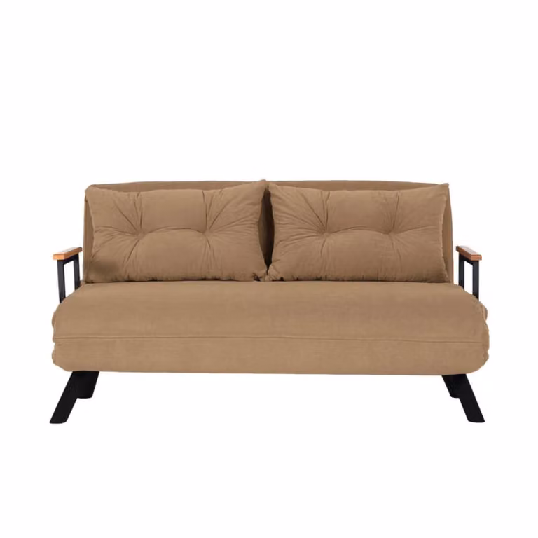 Sofá cama de 2 plazas Calicosy en color marrón con estructura de madera de fresno y metal, diseño moderno con función click-clack y reposacabezas ajustable, An: 133 cm
