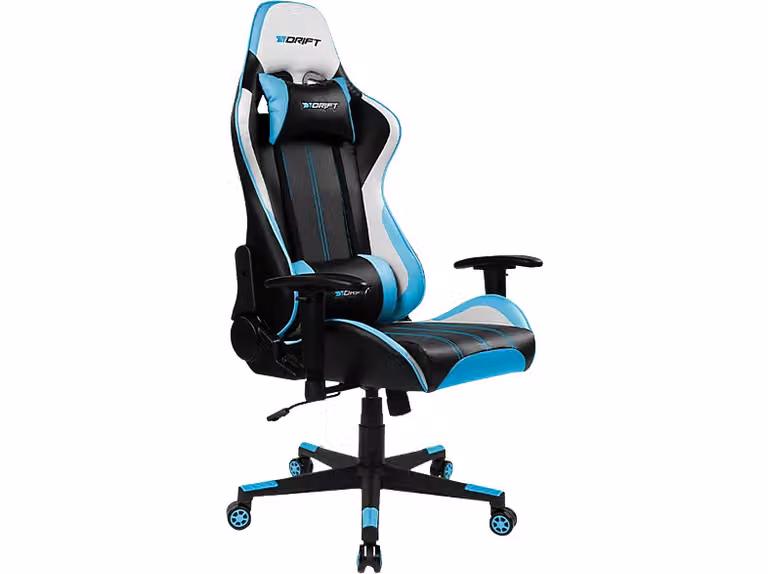 Silla gaming Drift en negro y azul con reposabrazos multidireccionales y soporte para cabeza en polipiel
