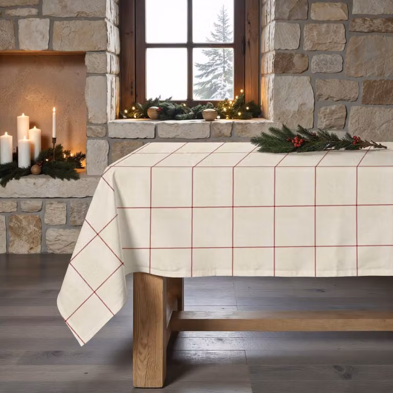 Mantel de Navidad Muare Home de Algodón con Diseño de Cuadros Rojo y Blanco, Antimanchas y Repelente al Agua, An/P: 300 x 155 cm