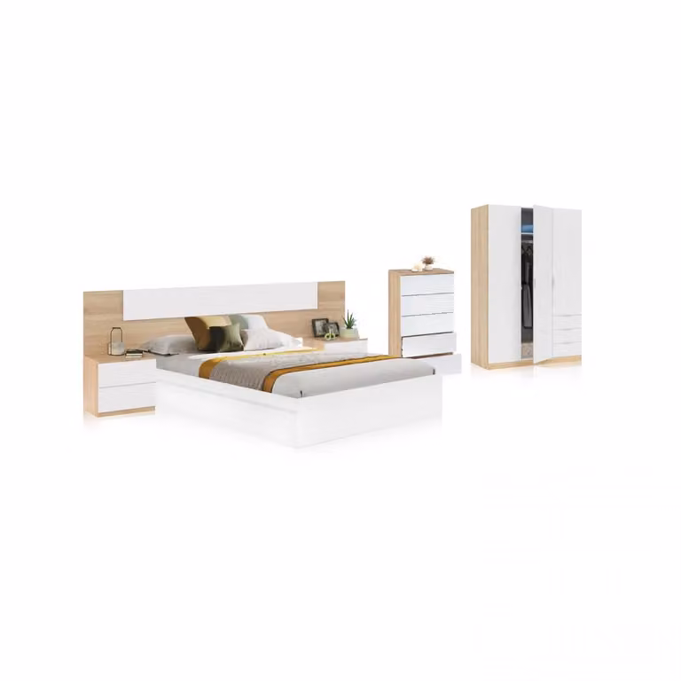 Set de dormitorio Akari 5C Max de Duehome con 6 piezas en estilo escandinavo, color blanco y roble