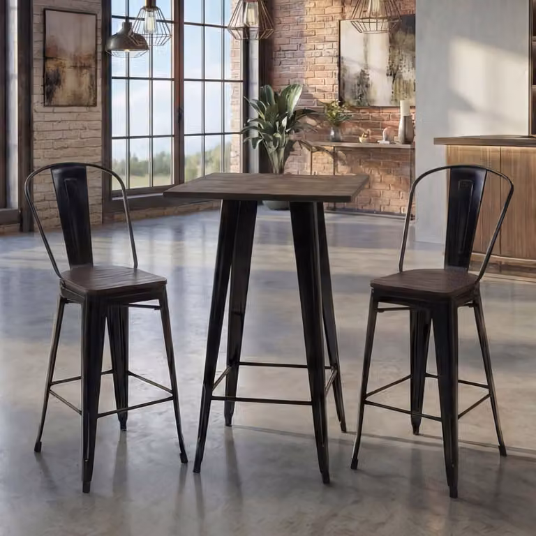 Juego de mesa alta y 2 taburetes Mendler HWC-A73 de diseño industrial en metal y madera color negro y marrón con certificación FSC