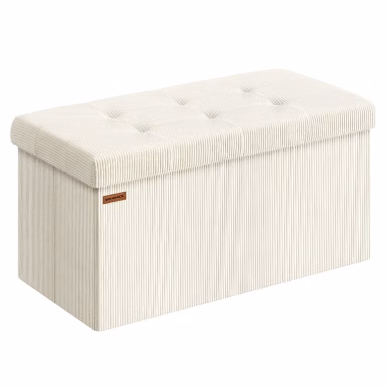 Puff de almacenaje plegable Songmics de color blanco en tejido de pana, baúl multifuncional que sirve como taburete, reposapiés o banco, An/P/Al: 76 x 38 x 38 cm