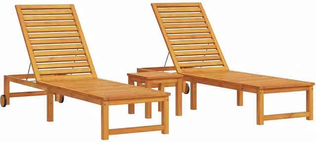 Set de 3 tumbonas SYFAX de madera de acacia sólida en color marrón con reposacabezas ajustable para jardín o terraza