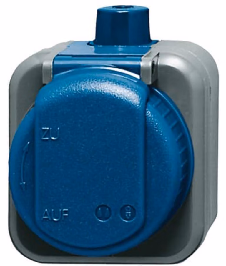 Enchufe Schuko Busch-Jaeger 2300 EWDI con tapa abatible e IP66 en color gris o azul