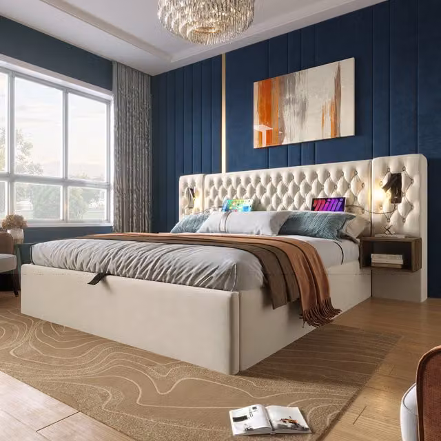 Dormitorio Completo Modenvie con Cama Canapé de Terciopelo Beige, 2 Mesitas de Noche y Luz de Lectura con USB y Tipo C, An/P/Al: 160 x 200 cm