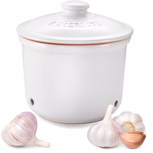 Olla de cerámica Römertopf para guardar ajo, color blanco, Diámetro: 12,5 cm, Altura: 13 cm