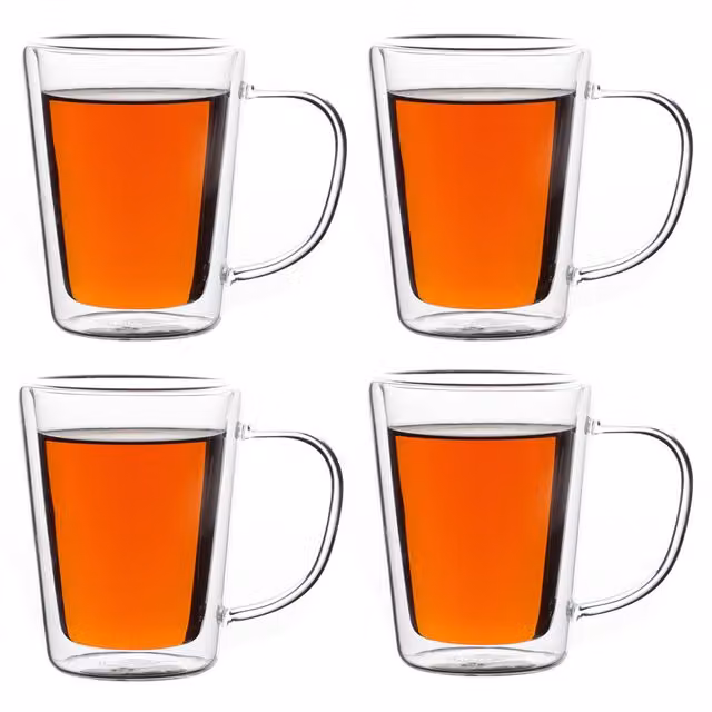 Set de 4 vasos de té de doble pared con asas Monzana de vidrio transparente, 250 ml cada uno