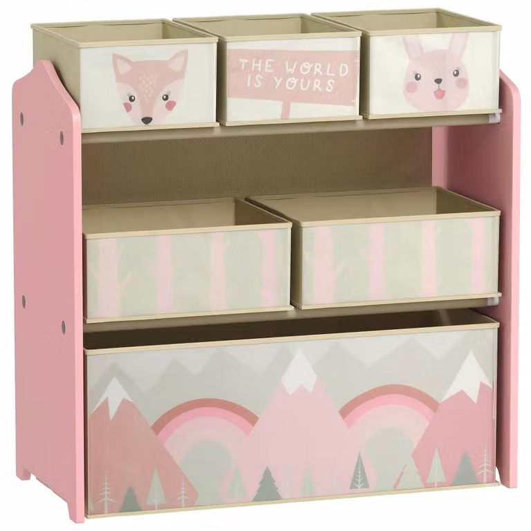 Estantería para juguetes Zonekiz en color rosa con diseño floral, fabricada en MDF y metal, An/P/Al: 63 x 30 x 66 cm