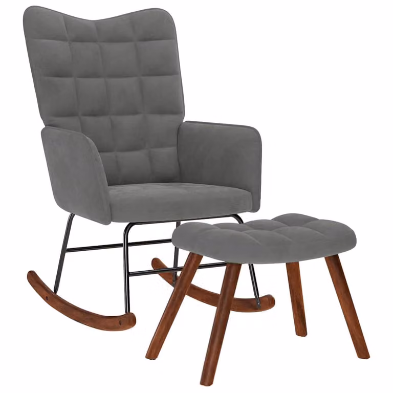 Mecedora con taburete vidaXL en terciopelo gris oscuro con reposabrazos y estructura de madera y metal