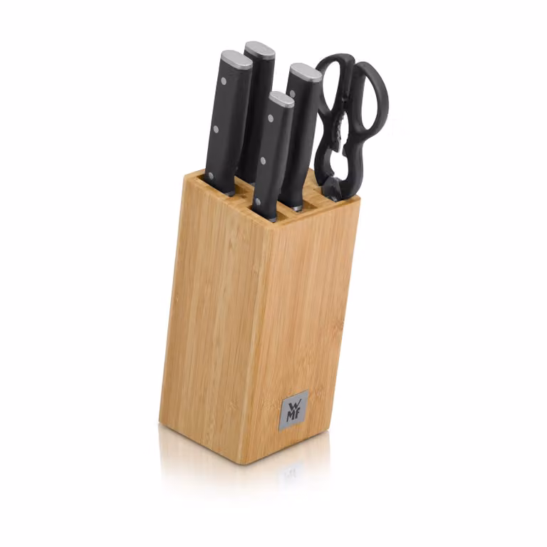 Set de 4 cuchillos y tijeras con soporte Sequence de WMF en acero inoxidable y multicolor con bloque de plástico