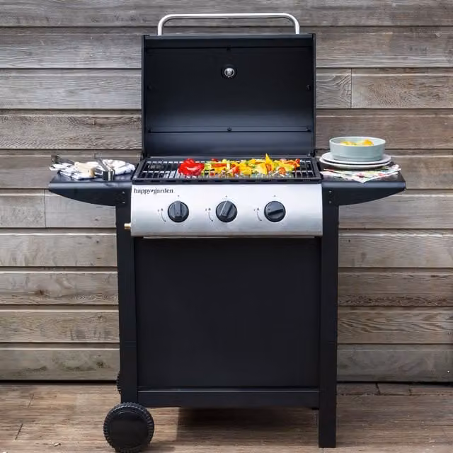 Barbacoa de gas Hawaï de HAPPY GARDEN con 3 quemadores y 8,4 kW en color negro, gris y plata