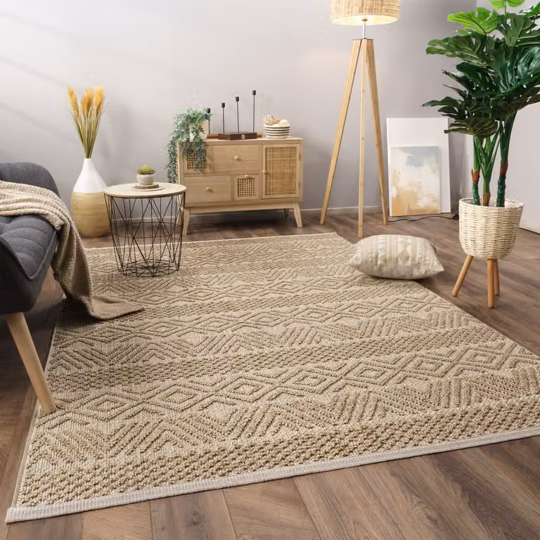 Alfombra Munico de estilo minimalista y diseño geométrico en color beige, An/P: 160 x 220 cm