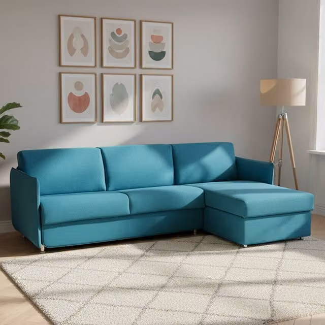 Sofá cama con chaise longue DMORA azul, tapizado en tela con fundas desenfundables y estructura de madera sólida, An/P/Al: 260 x 160 cm