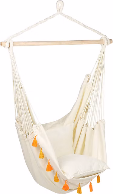 Sillón colgante Beliani Varena estilo boho en algodón naranja y beige para jardín o lounge