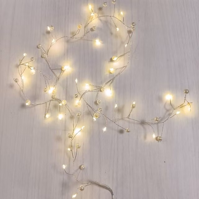 Guirnalda LED F-BRIGHT con 40 luces de color blanco cálido, detalles en plata y blanco, longitud: 120 cm