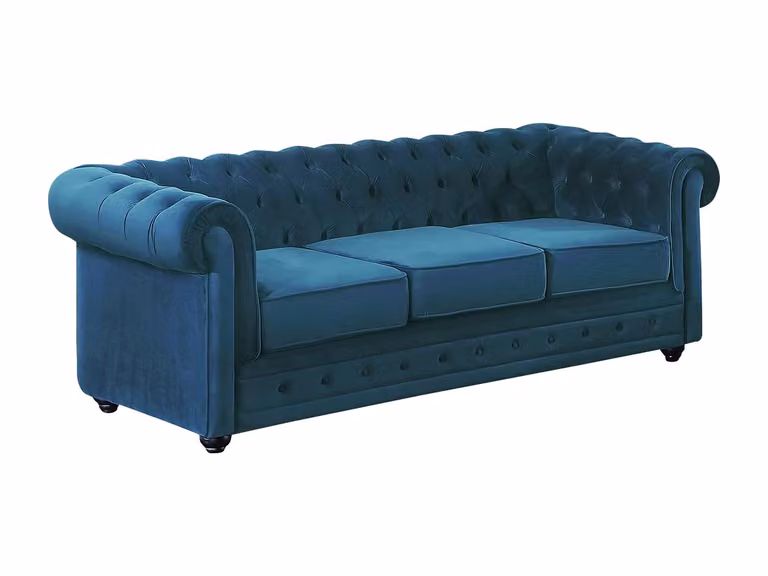 Sofá Chesterfield de 3 plazas VENTE-UNIQUE tapizado en terciopelo color petrol con estructura de madera sólida y fundas extraíbles An/P/Al: 205 x 88 x 72 cm