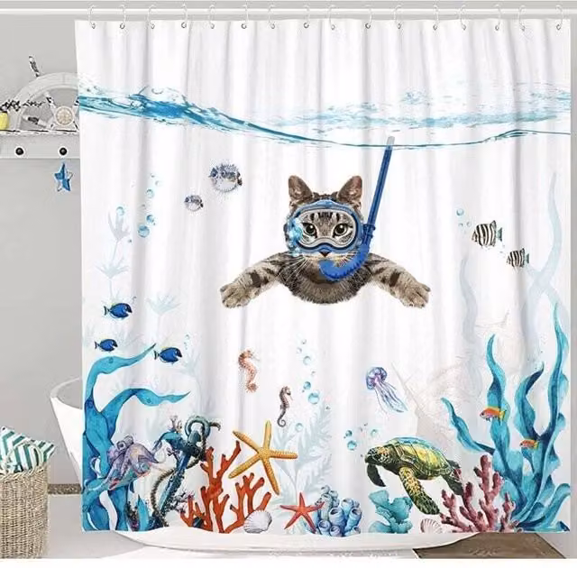Cortina de ducha LIIYIELA con estampado de gato marino, impermeable y de secado rápido en poliéster, multicolor, An/P/Al: 180 x 180 x 1 cm
