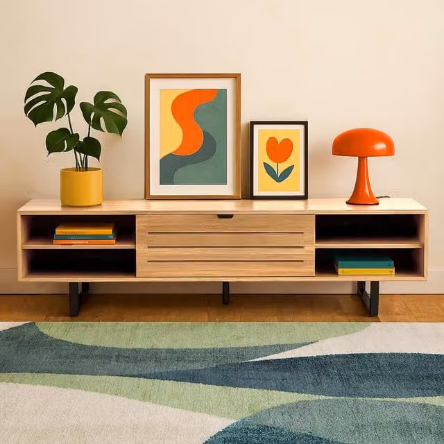 Mueble de TV moderno OVIALA con 2 puertas en color beige y madera clara, An/P/Al: 160 x 40 x 35 cm