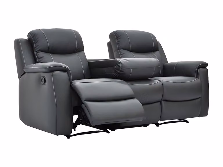 Sofá relax de 3 plazas EVASION tapizado en piel con reposacabezas ajustable y portavasos en color gris antracita