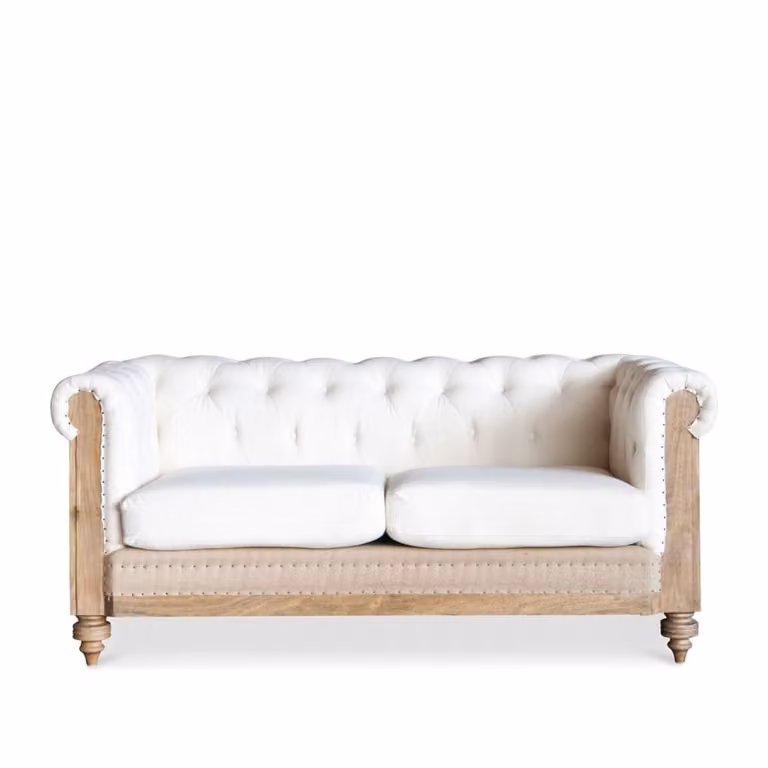 Sofá Chesterfield de 2 plazas tapizado en lino blanco con estructura de madera sólida y fundas extraíbles