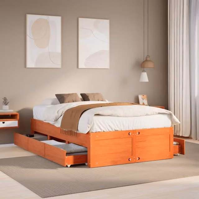Cama Maison Exclusive de madera de pino marrón con cajones y somier de láminas An/P/Al: 120 x 203,5 x 41 cm