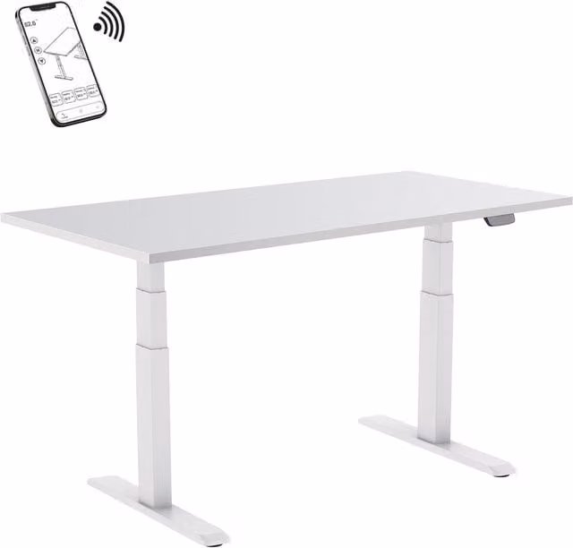 Escritorio motorizado para oficina o casa KIMEX con altura regulable, tablero blanco y base blanca, An: 120 cm, P: 75 cm, Al: 62-128 cm