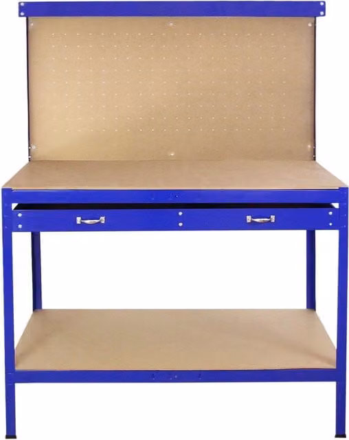 Banco de trabajo MONSTERSHOP de acero y madera con panel perforado y cajón, color azul, An/P/Al: 155 x 120 x 60 cm
