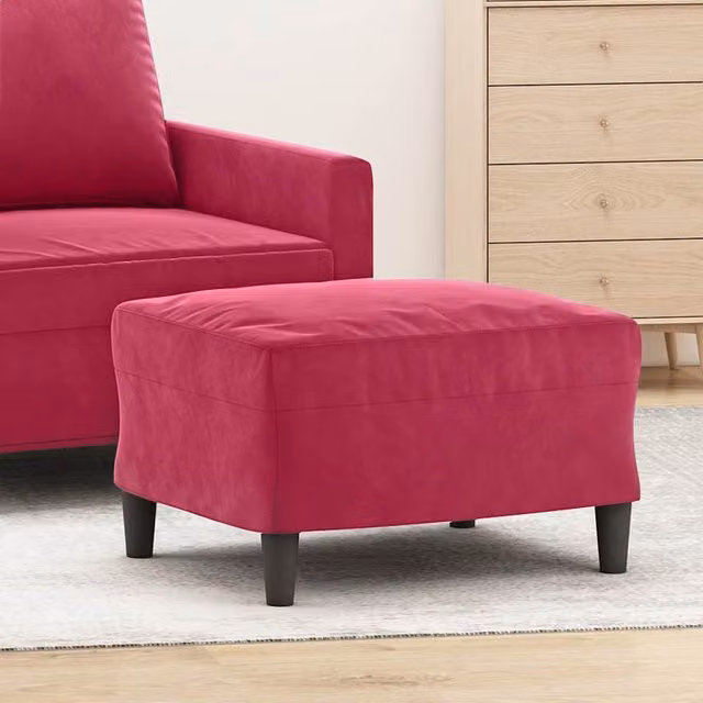 Reposapiés de terciopelo rojo de SYFAX con estructura de madera, An/P/Al: 60 x 50 x 41 cm