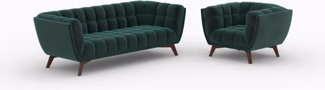 Conjunto de salón MAISON PAVANE con sofá de 3 plazas y sillón tapizados en terciopelo verde con estructura de madera para 4 personas
