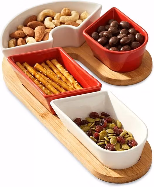 Set de 5 cuencos para aperitivos de cerámica con bandeja de bambú NORTHIX en multicolor