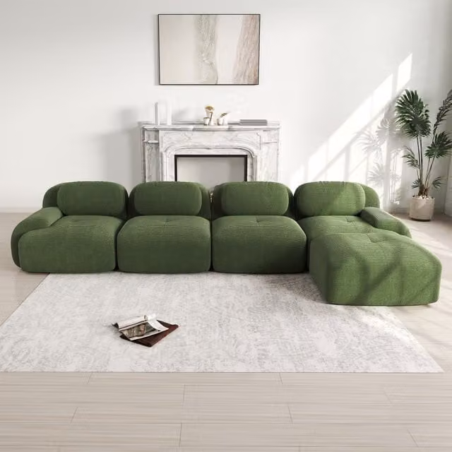 Sofá Esquinero Modular de 4 Plazas DREAMMESPACE con Chaise Longue Reversible en Terciopelo Acanalado Verde, An/P/Al: 388 x 178 cm