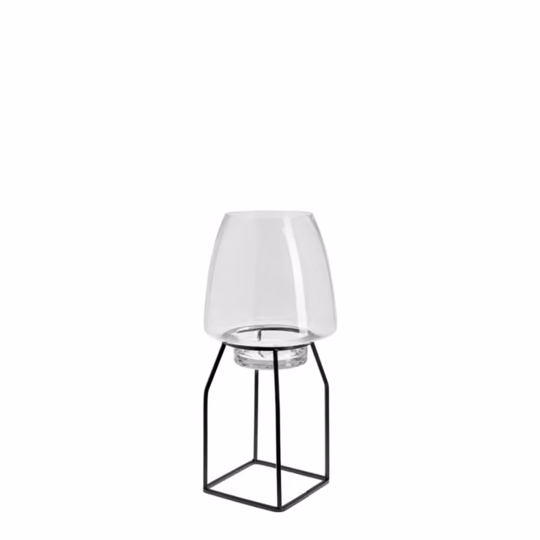 Portavelas decorativo moderno Sia Deco de vidrio y metal en colores transparente y negro, redondo, Altura: 40 cm