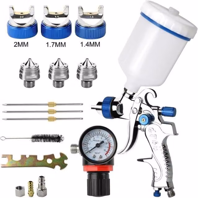 Pistola pulverizadora profesional ODIPIE de 600 cc con 3 boquillas de 1,4 mm, 1,7 mm y 2,0 mm, alimentación por gravedad y regulador de aire en color plata para pintar muebles y barnizar