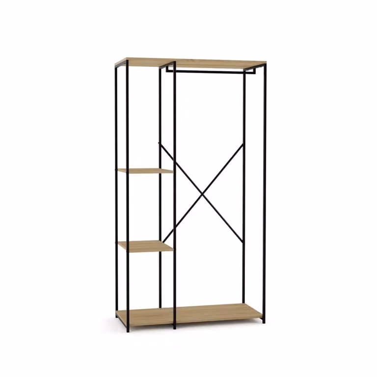 Perchero burro industrial HISPANOHOGAR de metal grafito y mdf color roble con 4 estantes y barra para colgar, Al x An x P: 167 x 90 x 41 cm