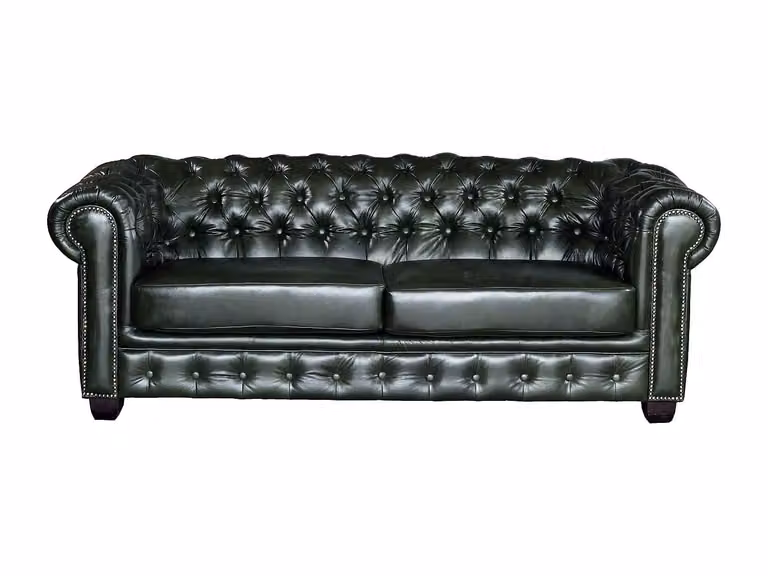 Conjunto de sofá de 3 plazas y sillón Chesterfield Brenton de Vente-Unique en piel de búfalo color verde con estructura de madera sólida