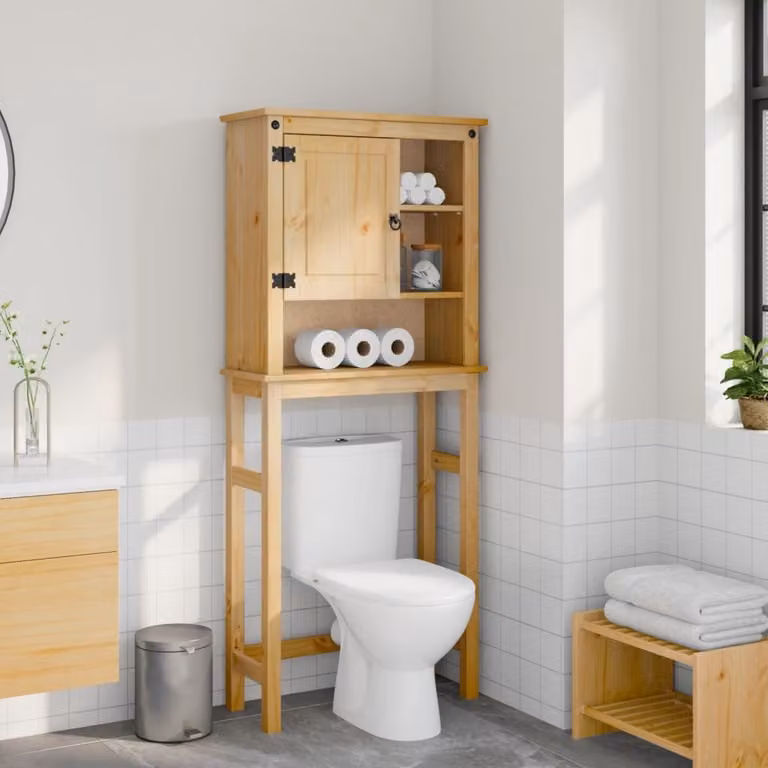Armario para lavadora Prolenta Corona de madera maciza de pino color marrón con puertas batientes y estantes internos para baño
