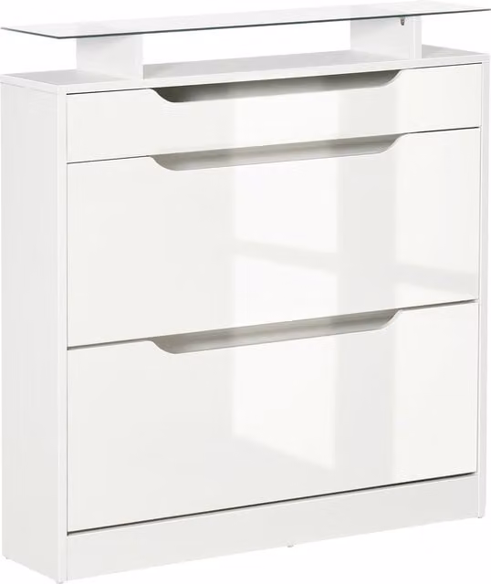 Mueble zapatero HOMCOM de 2 puertas para 16 pares de zapatos con cajón, estante abierto y encimera de vidrio, color blanco, An/P/Al: 89 x 23 x 96 cm