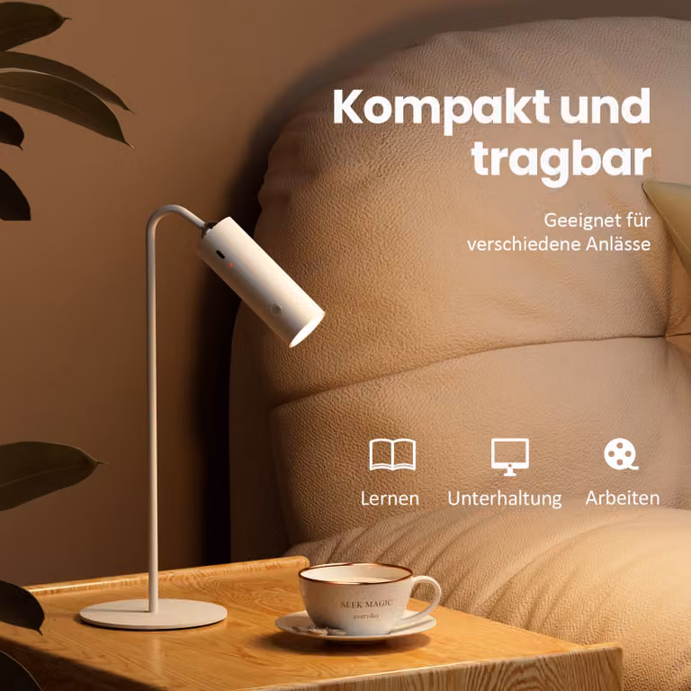 Lámpara de mesa LED EMKE 5 en 1, inalámbrica y regulable con carga USB-C y 3 colores de luz, color blanco
