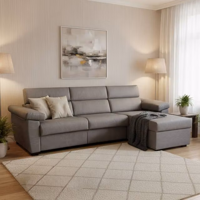 Sofá cama con chaise longue Priverno en gris, con fundas removibles y estructura de madera, An/P/Al: 285 x 160 cm