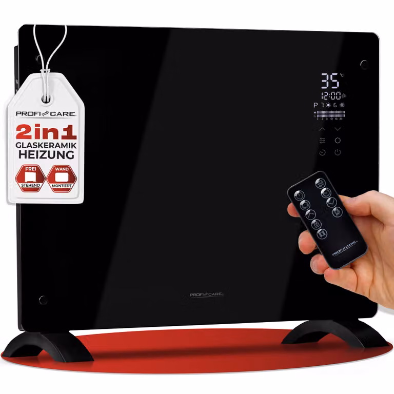 Radiador eléctrico ProfiCare PC-GKH 3118 con frontal de vidrio y calefacción por infrarrojos, negro, con termostato y detección de ventana abierta, apto para montaje en pared