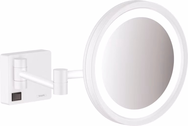 Espejo cosmético de aumento Hansgrohe AddStoris con luz LED y montaje de pared en blanco mate