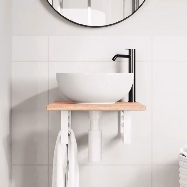Estante de lavabo de pared SYFAX de madera de roble y metal en color marrón y blanco
