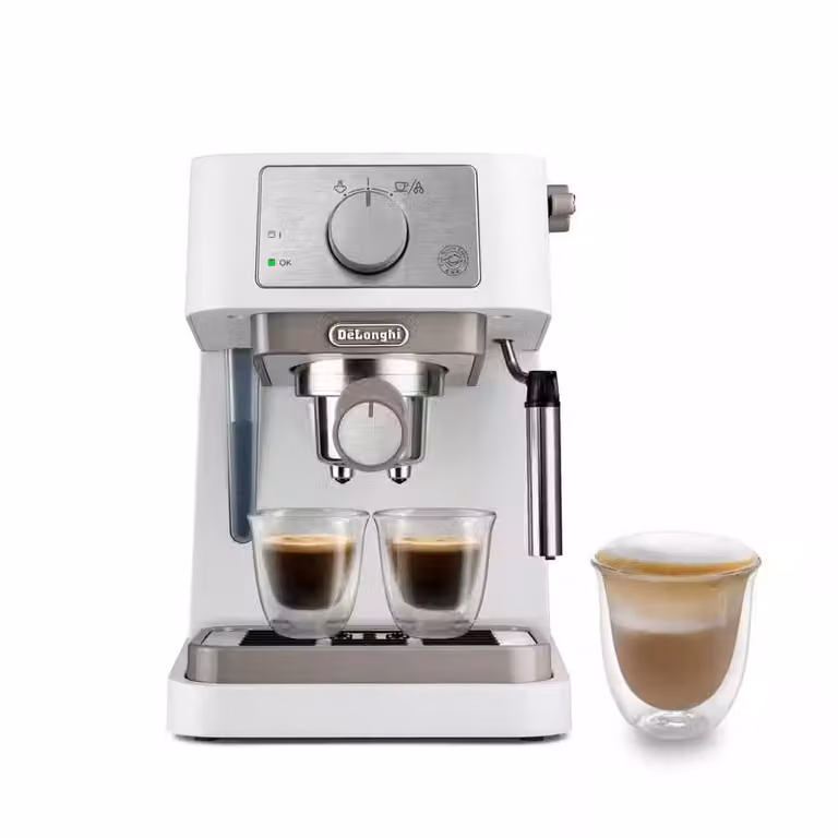Cafetera espresso semi automática De'Longhi Stilosa EC260.W en color blanco y plata con acabado en acero inoxidable, 1100W y capacidad de 1 L